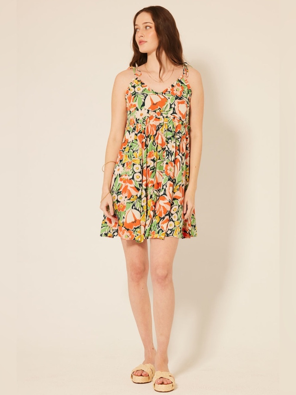 Patrons of Peace Malibu Floral Dress Orange Green Tie Shoulder Boho Mini EUC - Picture 3 of 7